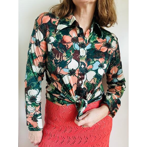 Vintage 70s Floral Print Button Up Blouse size S/M Fit Dagger Collar Statement - Picture 6 of 10